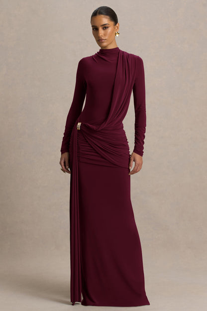 Melissa | Burgundy Long-Sleeve Wrap Maxi Dress With Draped Detailing