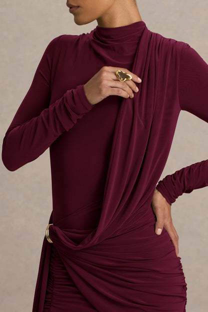 Melissa | Burgundy Long-Sleeve Wrap Maxi Dress With Draped Detailing