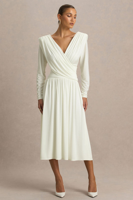 Alexis | Cream Plunge-Neck Midi Dress With Draped And Ruched Detailing