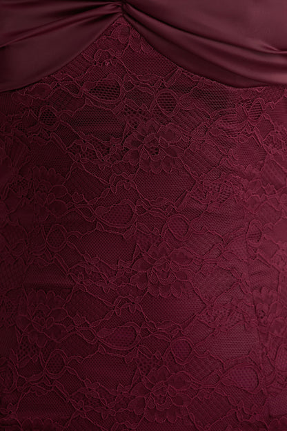 Juana | Burgundy Lace And Satin Sweetheart-Neck Satin Maxi Dress