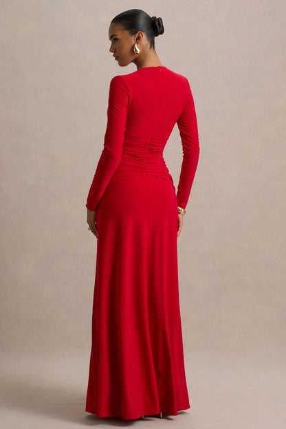 Estrella | Red High-Neck Maxi Dress With Ruched Detailing