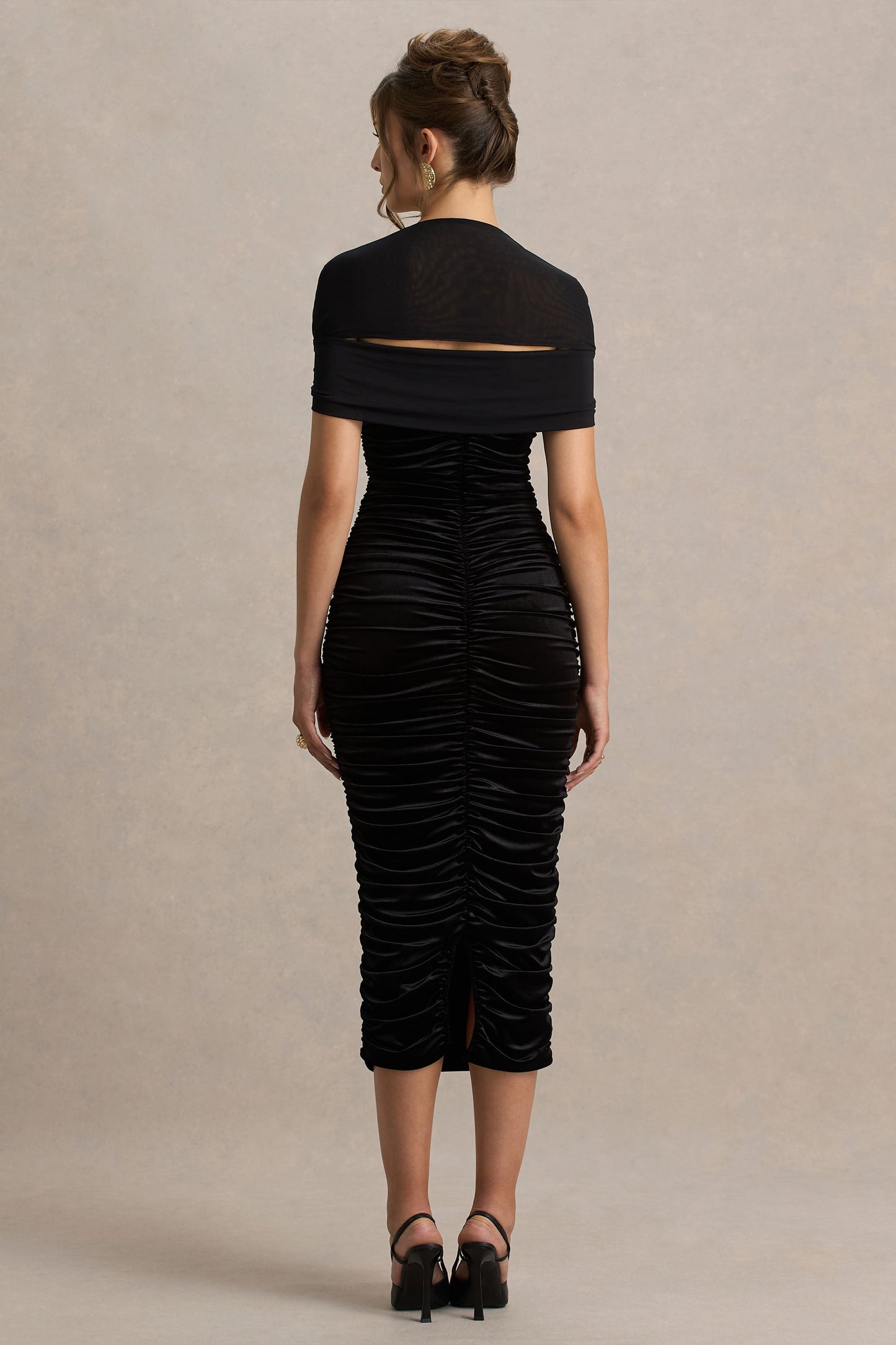Chrissy | Black Velvet Square-Neck Midi Dress With Mesh-Sleeves And Ruched Detailing