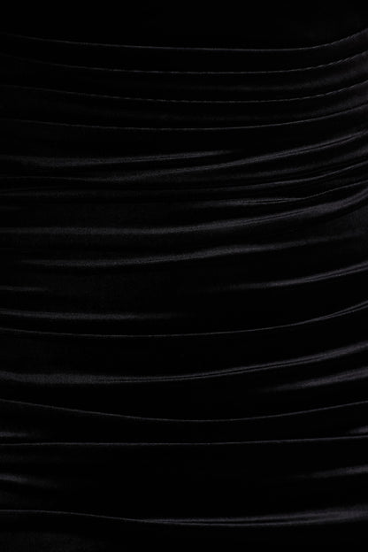 Chrissy | Black Velvet Square-Neck Midi Dress With Mesh-Sleeves And Ruched Detailing