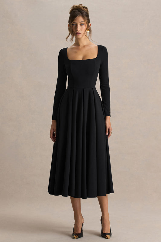 Alison | Black Square-Neck A-Line Midi Dress