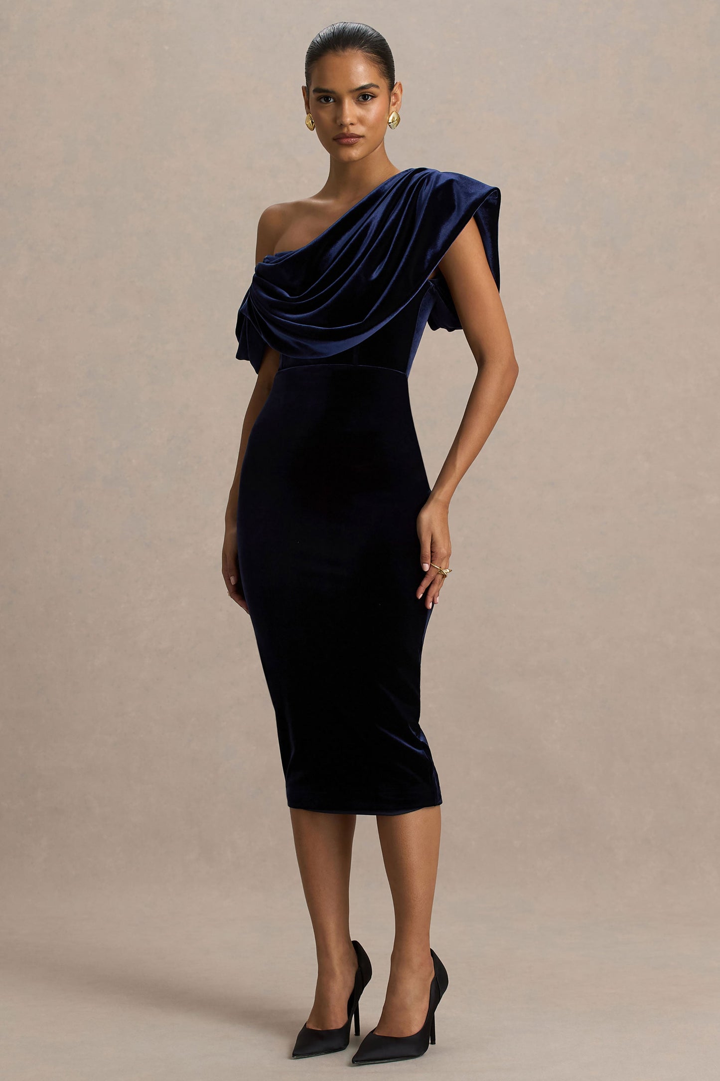 High End | Navy Velvet Asymmetric-Neck Midi Dress With Draped Detailing