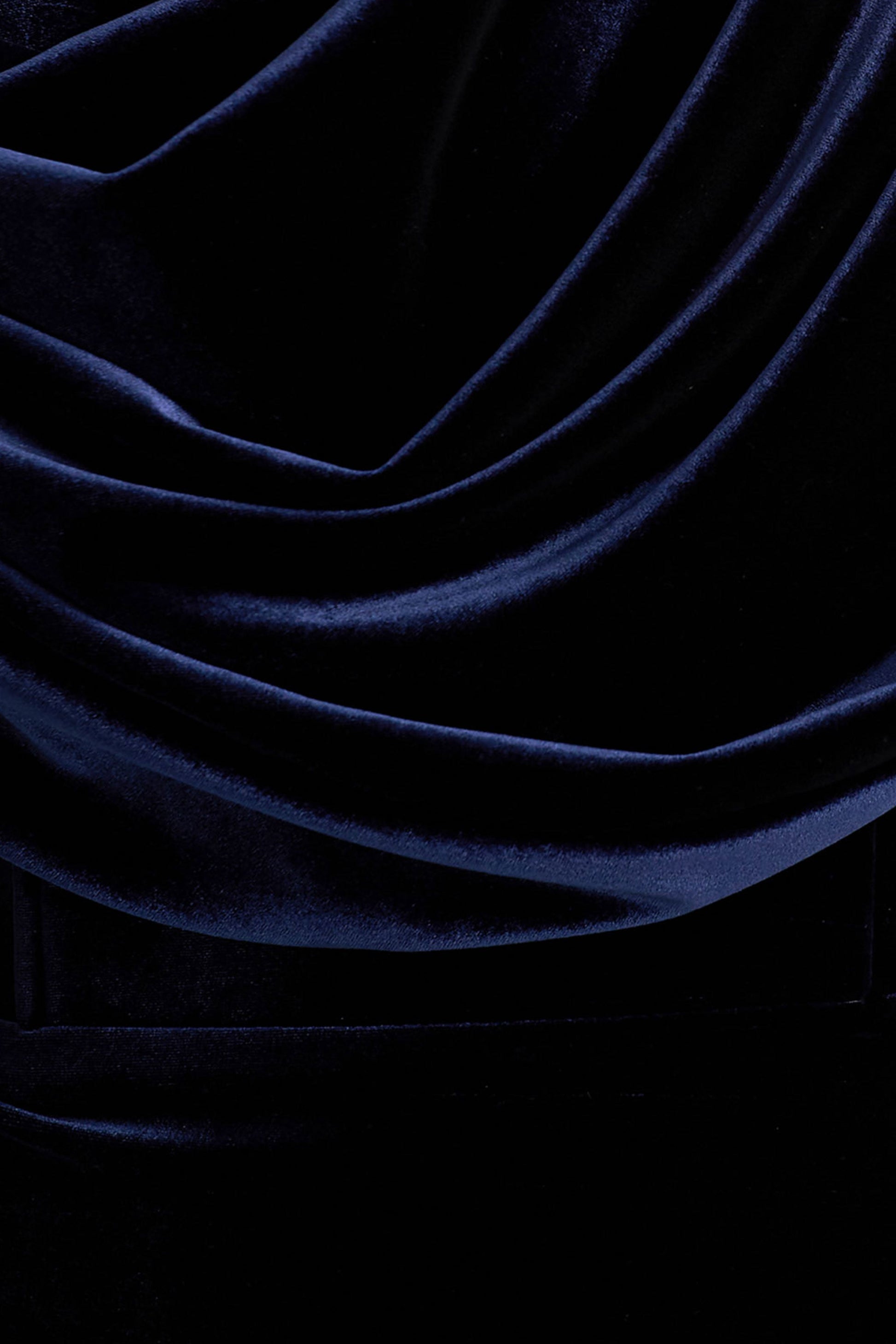 High End | Navy Velvet Asymmetric-Neck Midi Dress With Draped Detailing