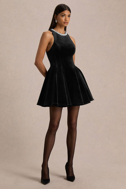 Meva | Black Velvet Hand-Embellished High-Neck Mini Dress
