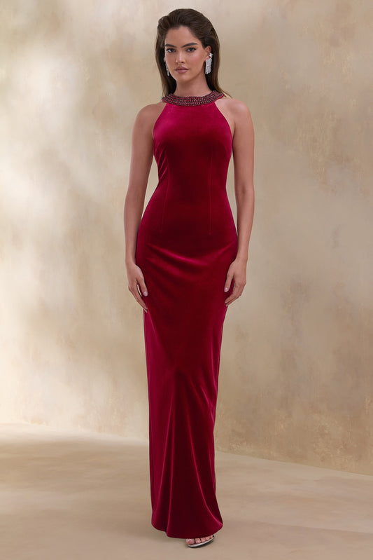 Darya | Burgundy Velvet Embellished High-Neck Maxi Dress