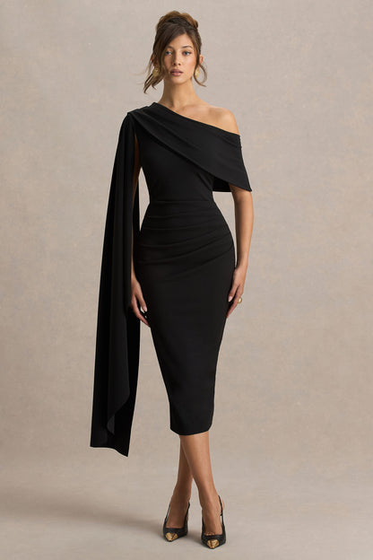 Leah | Black Asymmetric-Neck Midi Dress With Cape-Sleeve
