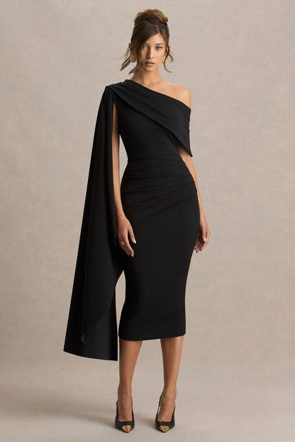 Leah | Black Asymmetric-Neck Midi Dress With Cape-Sleeve
