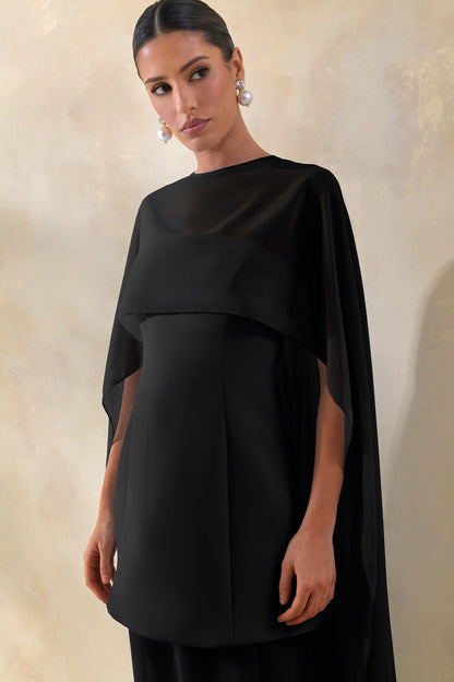 Chessa | Black Slashed-Neck Maxi Dress With Sheer Cape