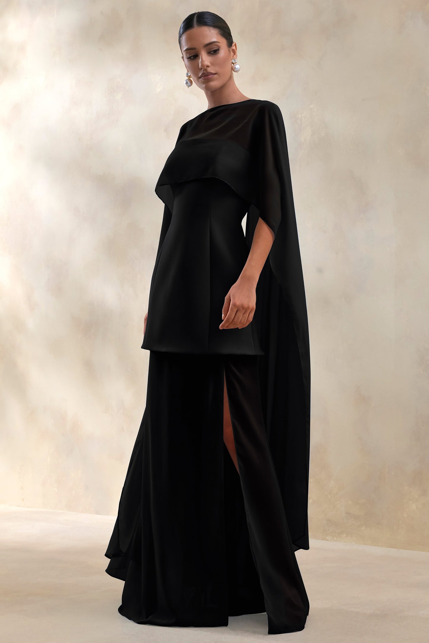 Chessa | Black Slashed-Neck Maxi Dress With Sheer Cape