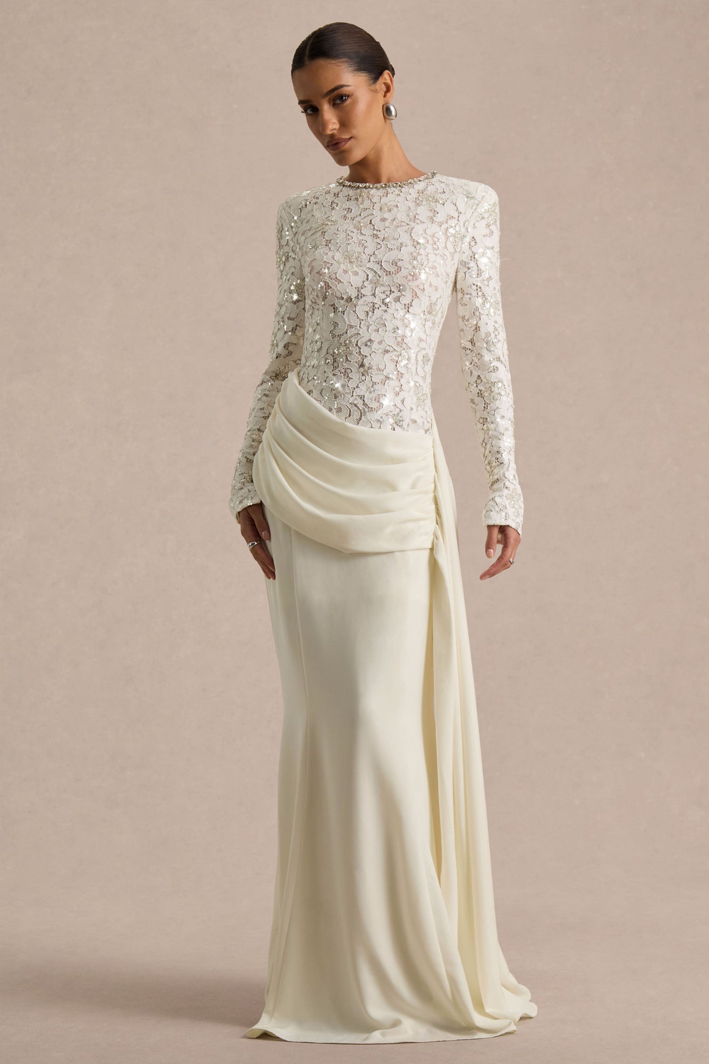 Beau | Ecru Lace Embellished Crew-Neck Maxi Dress With Draped Detail