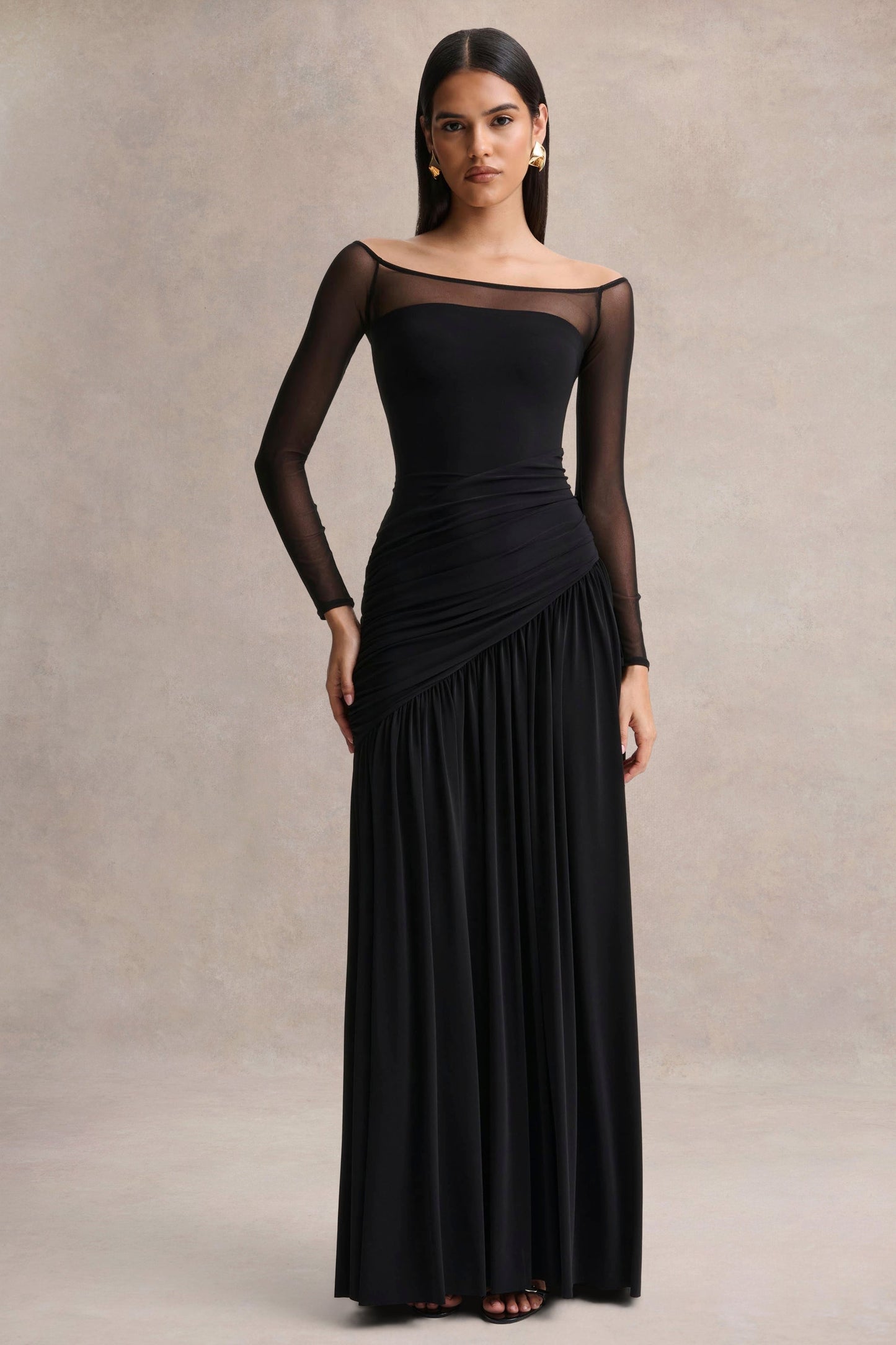 Bexley | Black Bardot-Neck Draped Maxi Dress With Long Mesh-Sleeves