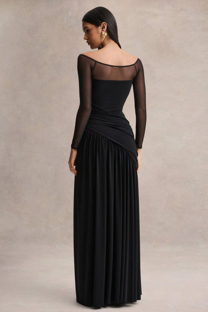 Bexley | Black Bardot-Neck Draped Maxi Dress With Long Mesh-Sleeves