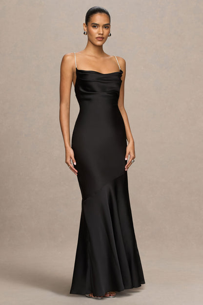 Maelia | Black Satin Cowl-Neck Maxi Dress With Diamante Straps