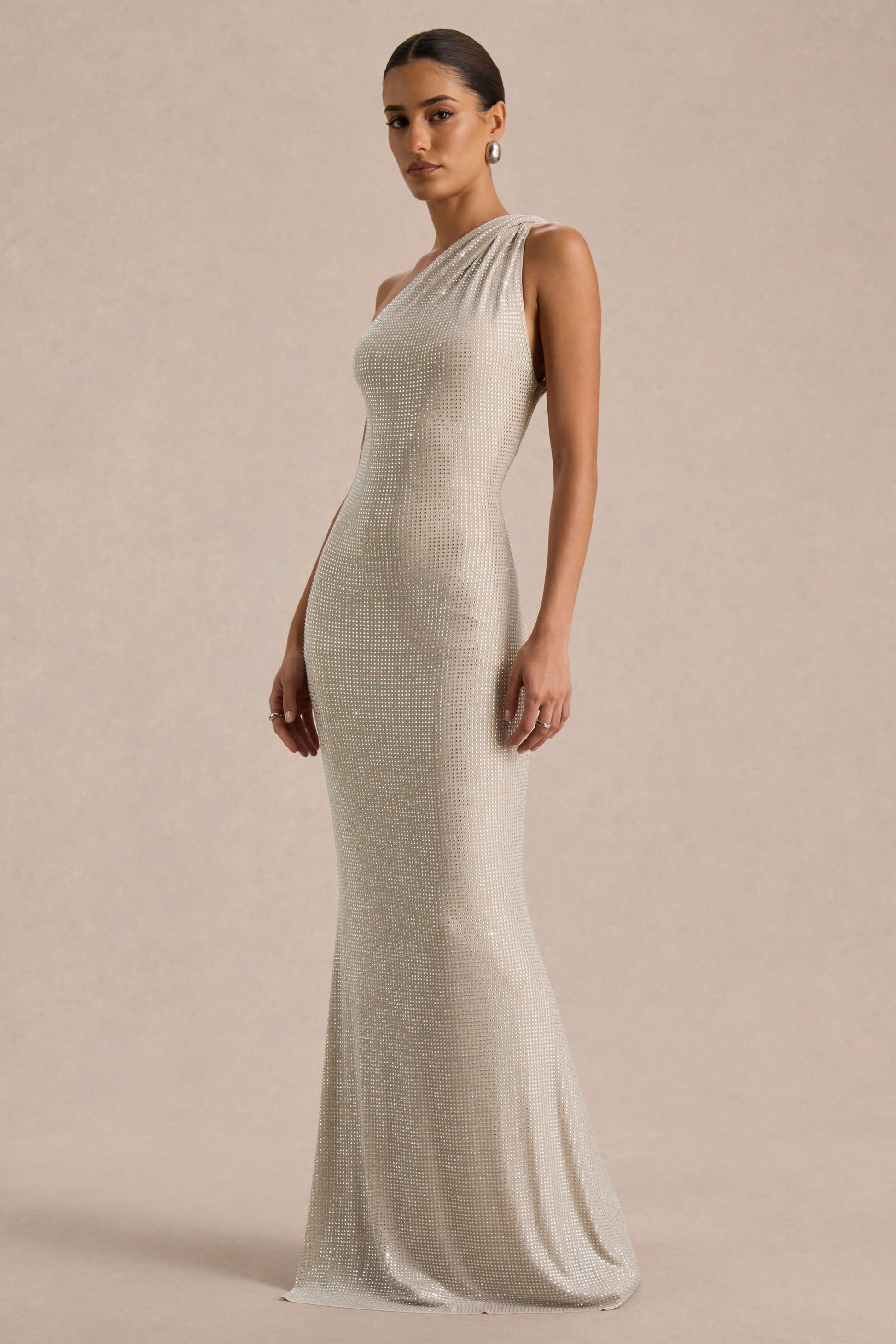 Deity | Silver Hotfix Asymmetric-Neck Maxi Dress With Open-Back