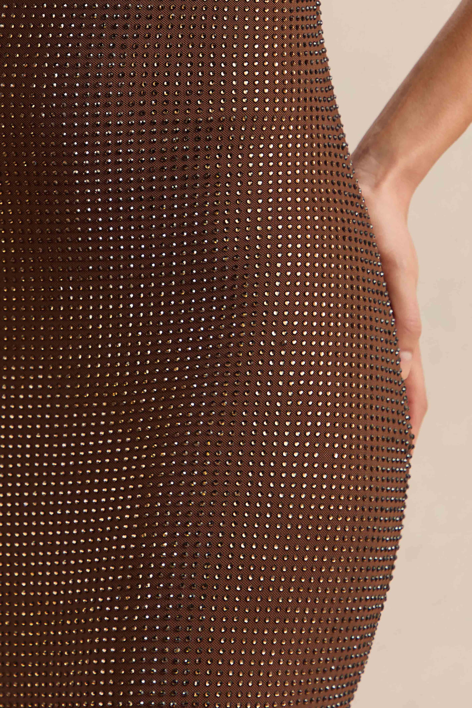 Deity | Brown Hotfix Asymmetric-Neck Maxi Dress With Open-Back