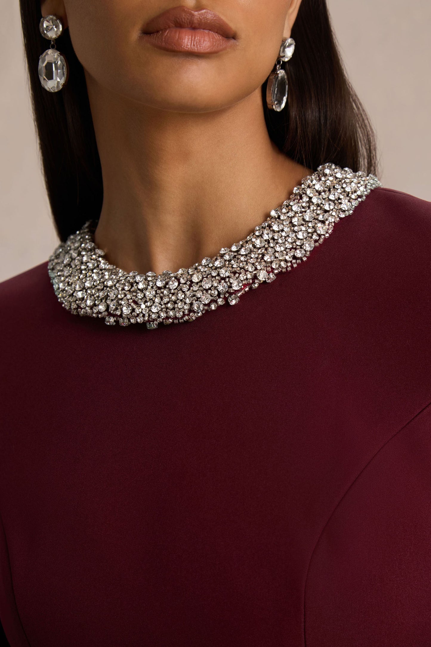 Eletta | Burgundy Embellished Crew-Neck Mini Dress