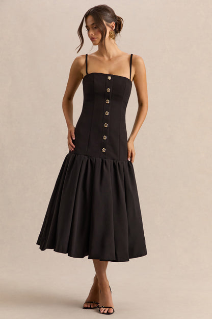 Briella | Black Bandeau Midi Dress With Gold-Button Detailing