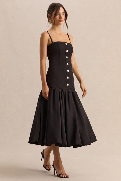 Briella | Black Bandeau Midi Dress With Gold-Button Detailing