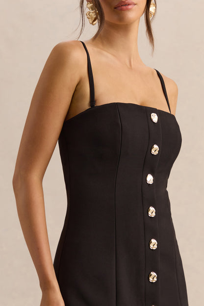 Briella | Black Bandeau Midi Dress With Gold-Button Detailing
