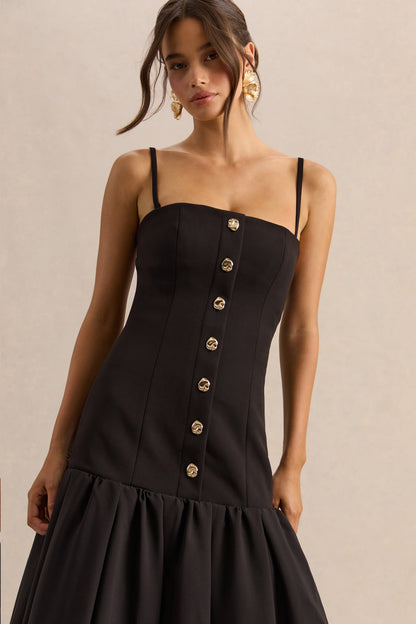 Briella | Black Bandeau Midi Dress With Gold-Button Detailing