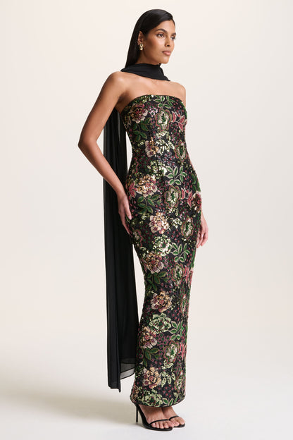 Cora | Winter Floral Embellished Mesh Bandeau Maxi Dress With Scarf