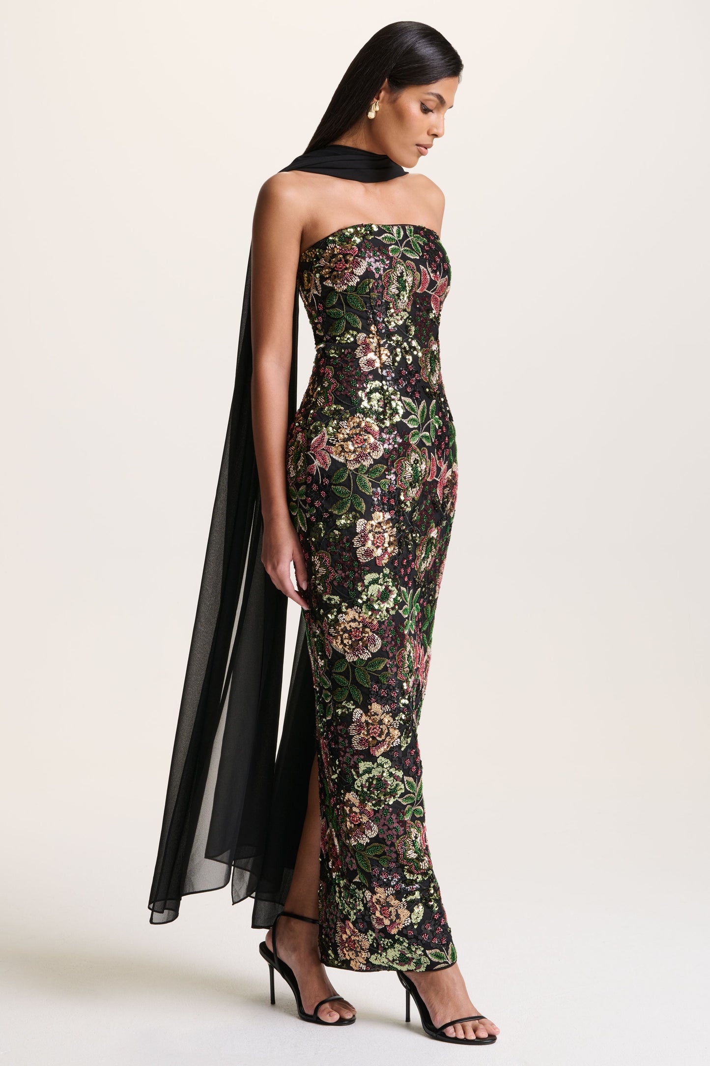 Cora | Winter Floral Embellished Mesh Bandeau Maxi Dress With Scarf