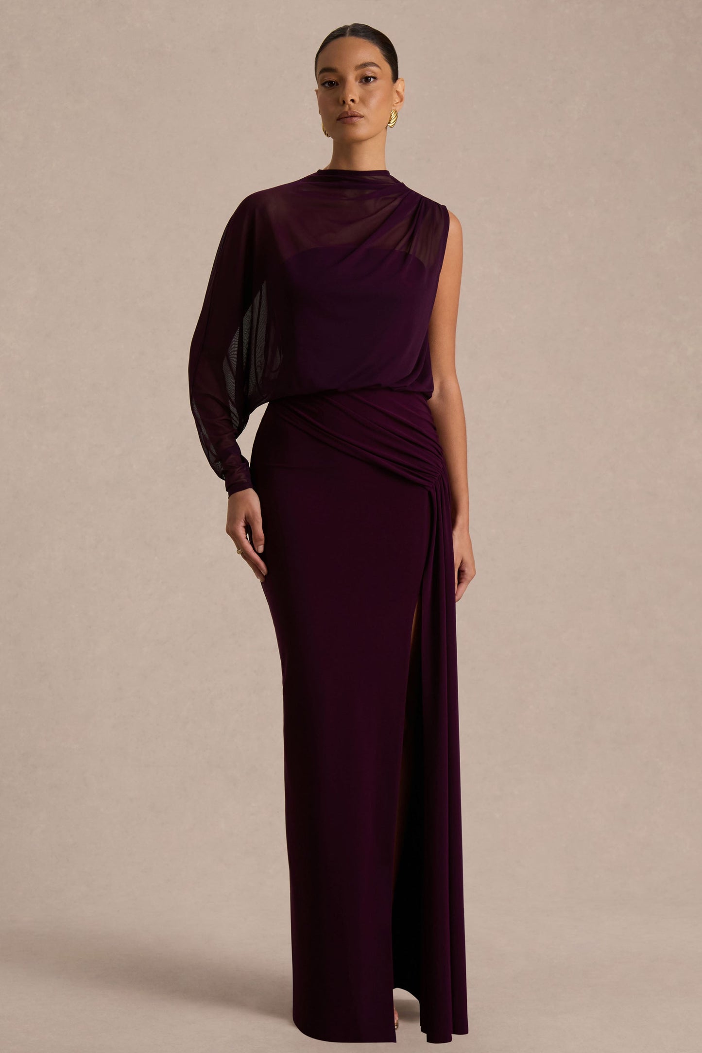 Aurelia | Dark Plum High-Neck Wrapped Maxi Dress With One-Cape Sleeve