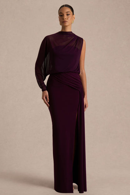 Aurelia | Dark Plum High-Neck Wrapped Maxi Dress With One-Cape Sleeve