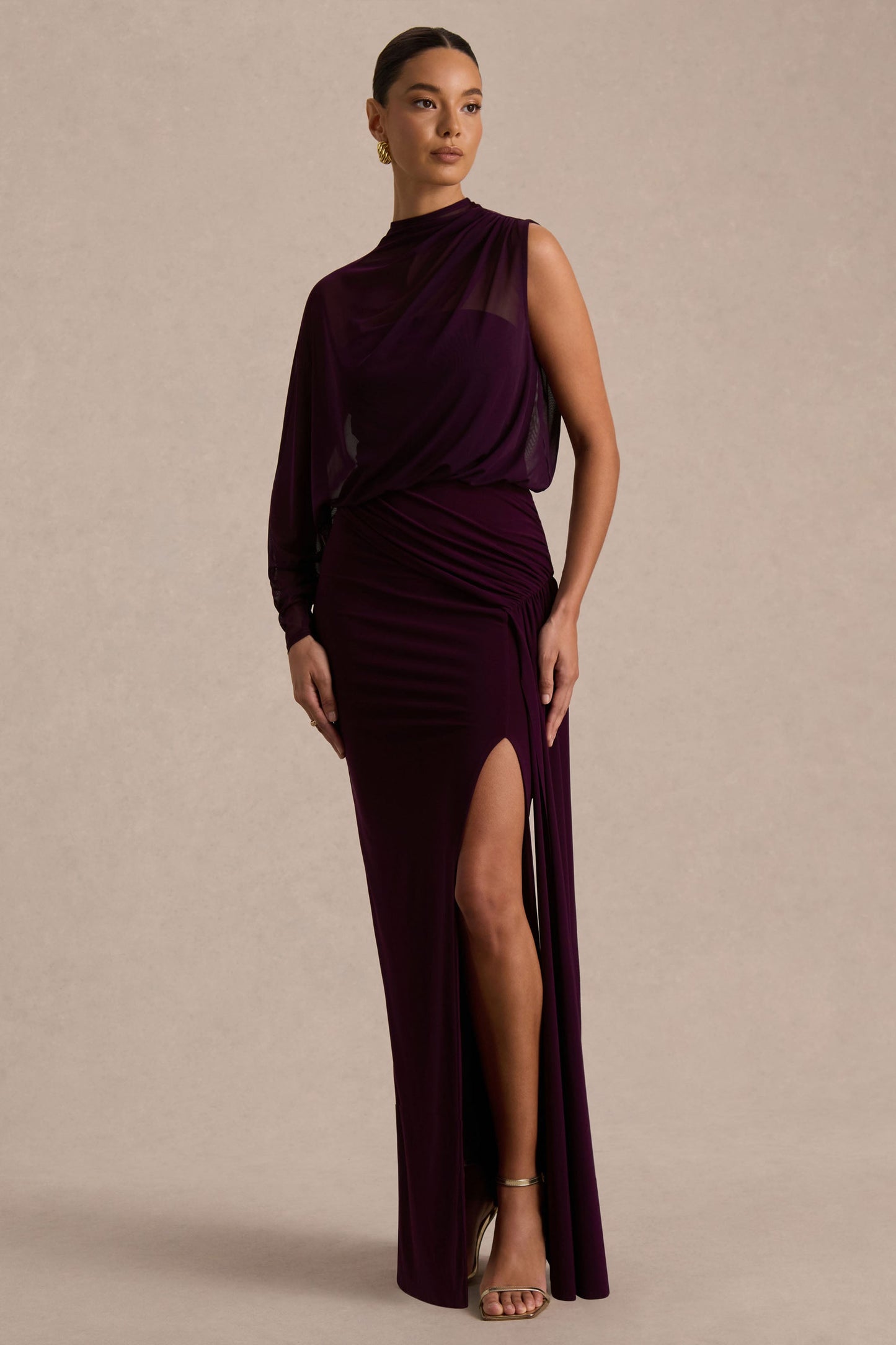 Aurelia | Dark Plum High-Neck Wrapped Maxi Dress With One-Cape Sleeve