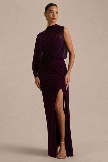 Aurelia | Dark Plum High-Neck Wrapped Maxi Dress With One-Cape Sleeve