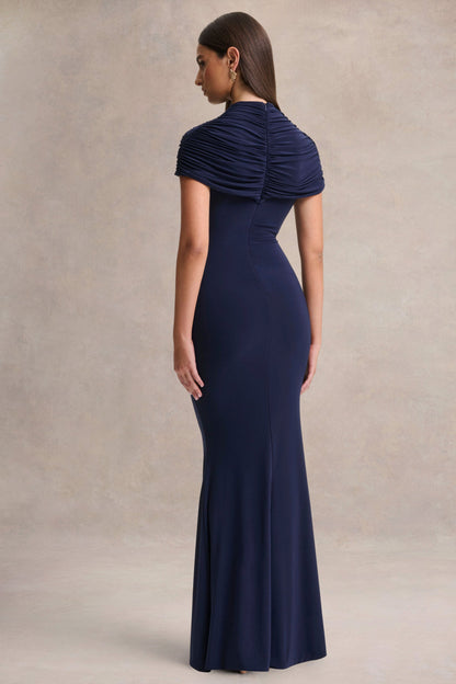 Azaria | Navy High-Neck Maxi Dress With Ruched Detailing