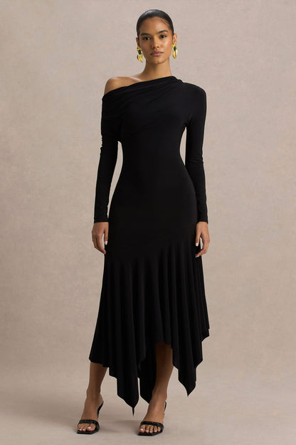 Isola | Black Asymmetric-Neck Midi Dress With Hanky-Hem