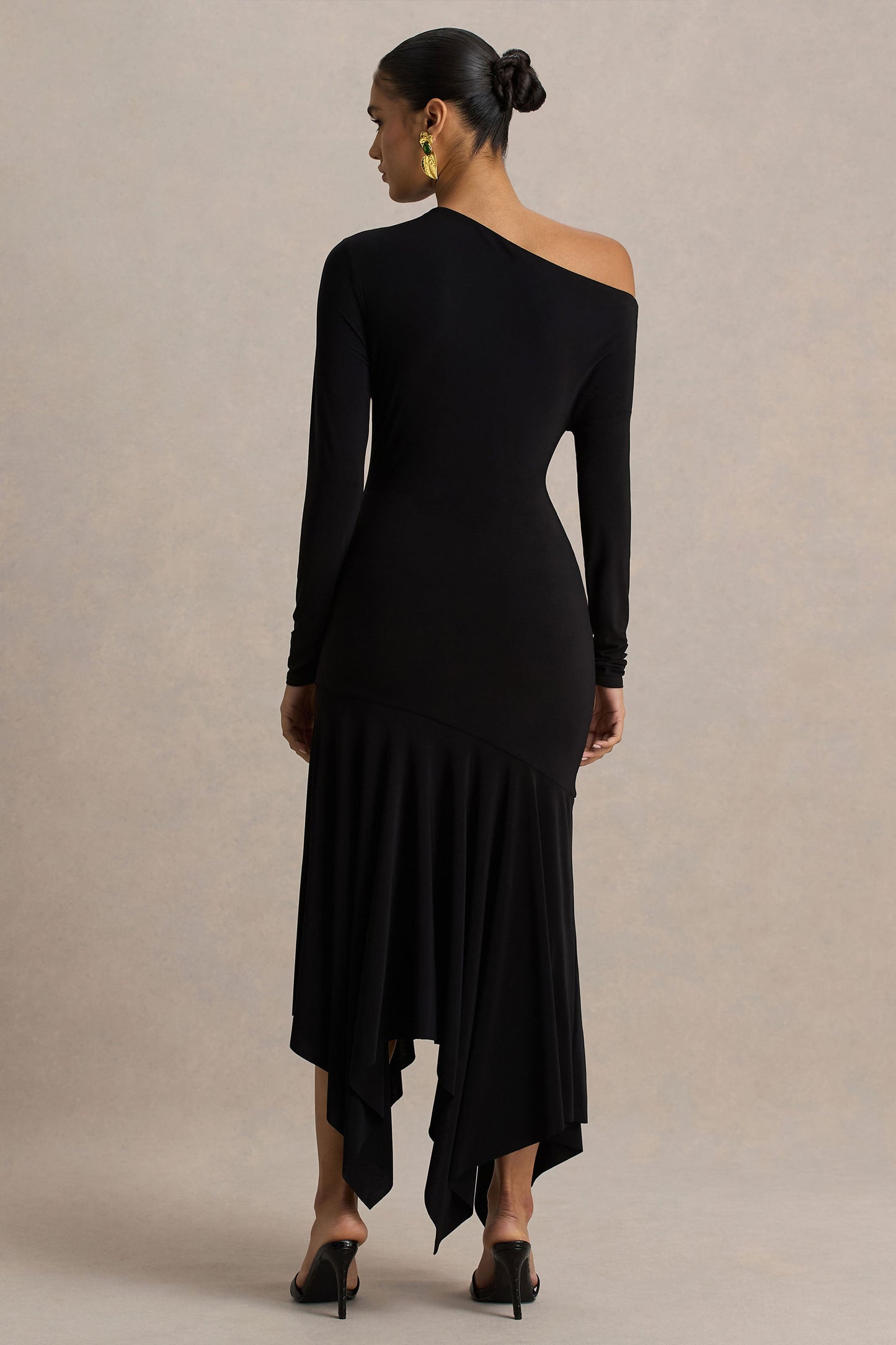 Isola | Black Asymmetric-Neck Midi Dress With Hanky-Hem