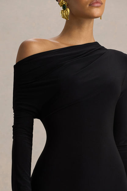Isola | Black Asymmetric-Neck Midi Dress With Hanky-Hem