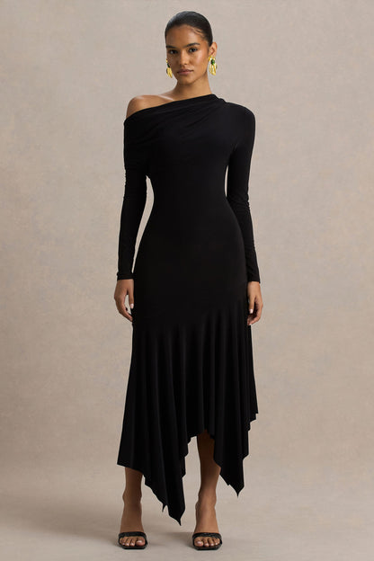 Isola | Black Asymmetric-Neck Midi Dress With Hanky-Hem