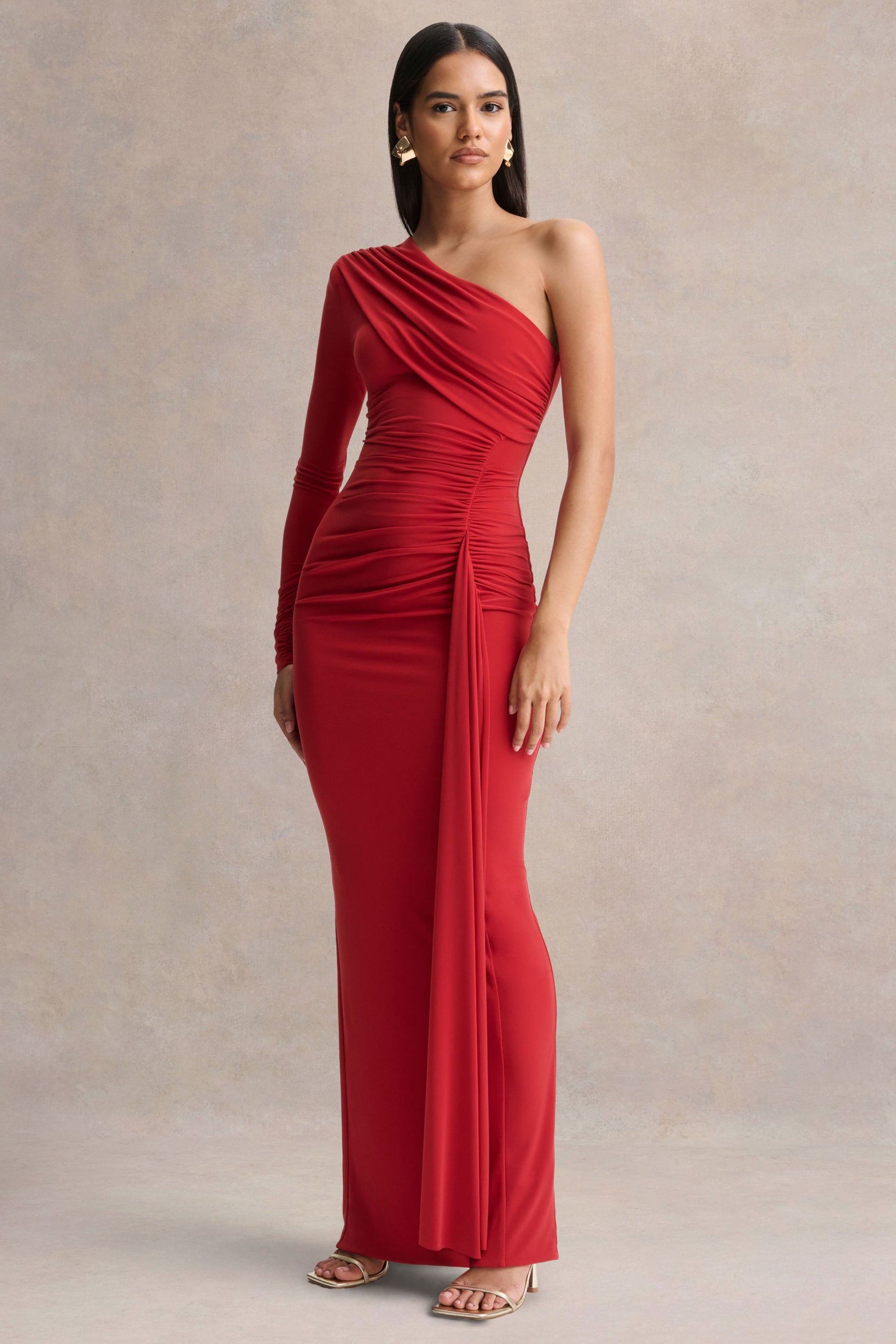 Anne | Red Asymmetric-Neck Wrapped Maxi Dress With Sash