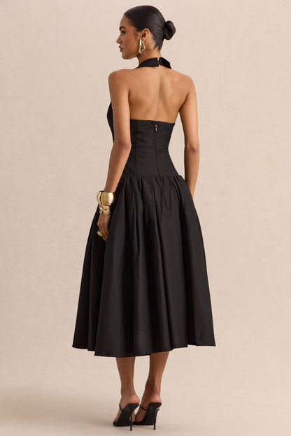 Ella | Black Plunge-Neck Midi Dress With Drop-Waist