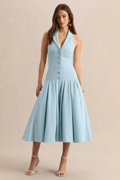 Elise | Powder Blue Plunge-Neck Midi Dress With Drop-Waist