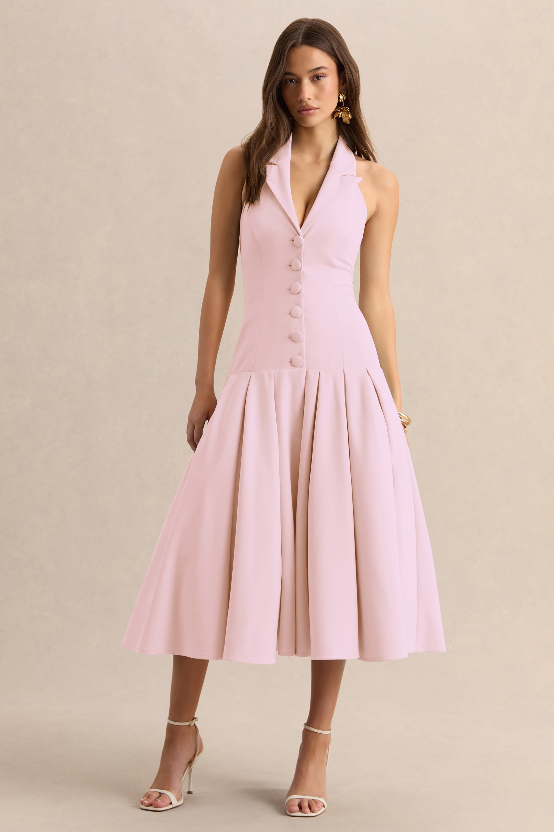 Elise | Light Pink Plunge-Neck Midi Dress With Drop-Waist