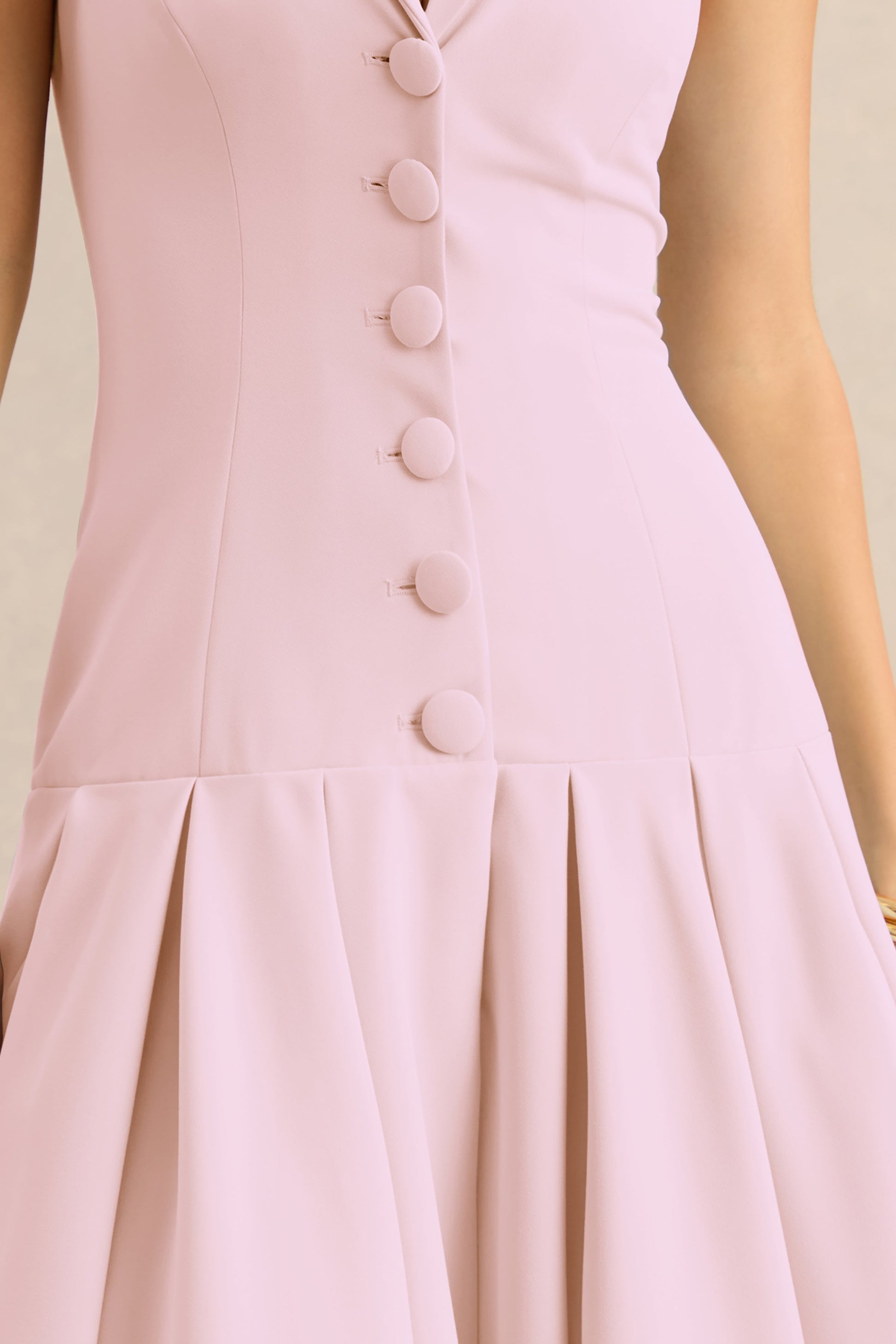 Elise | Light Pink Plunge-Neck Midi Dress With Drop-Waist