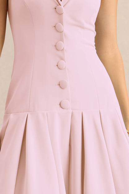 Elise | Light Pink Plunge-Neck Midi Dress With Drop-Waist