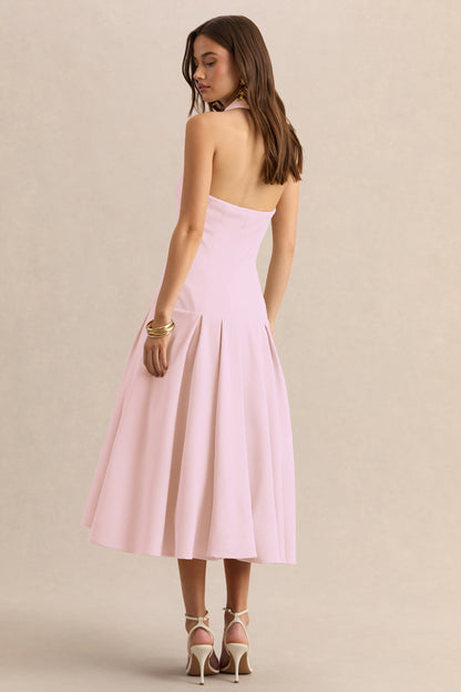 Elise | Light Pink Plunge-Neck Midi Dress With Drop-Waist