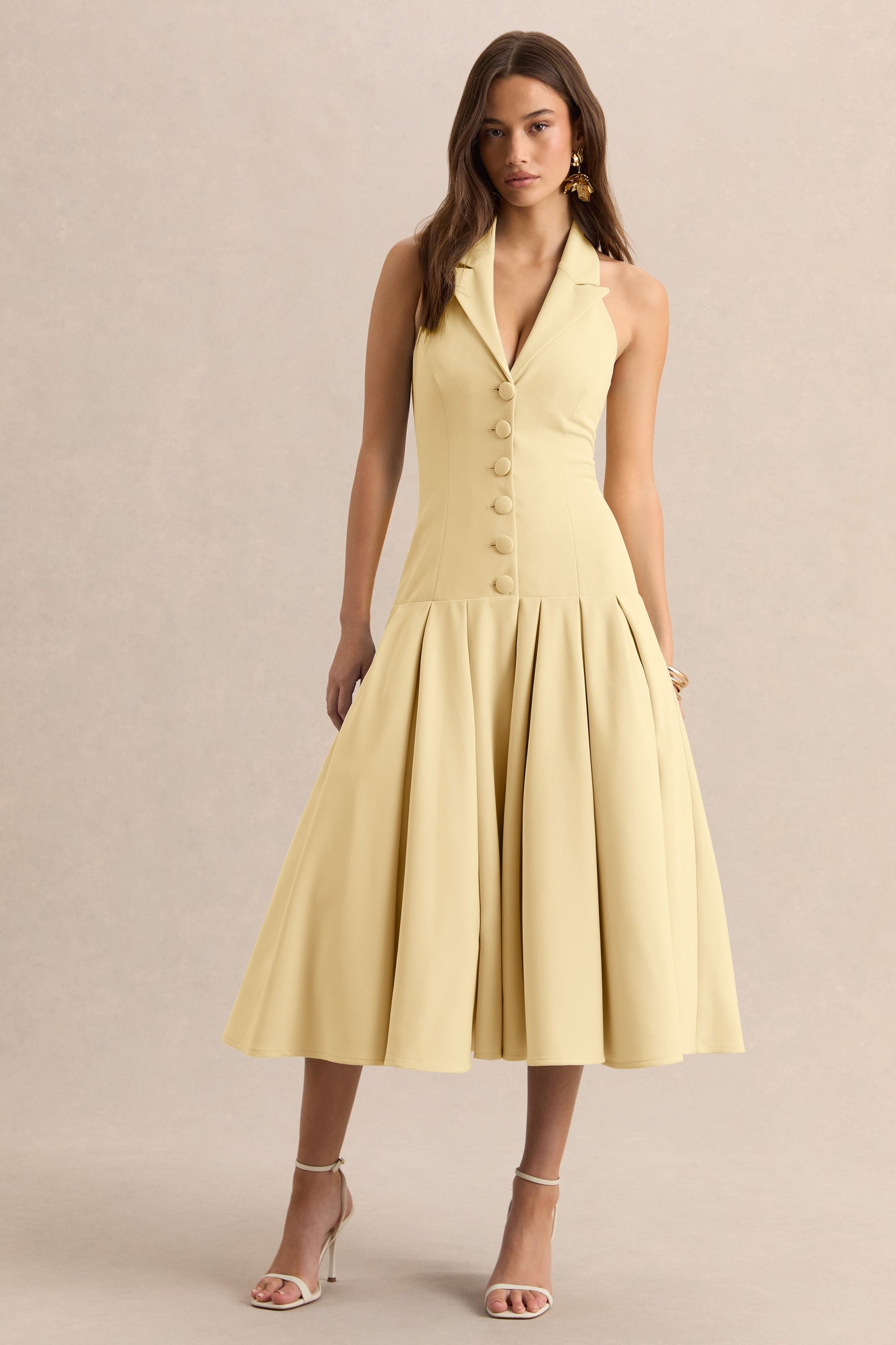 Elise | Lemon Plunge-Neck Midi Dress With Drop-Waist