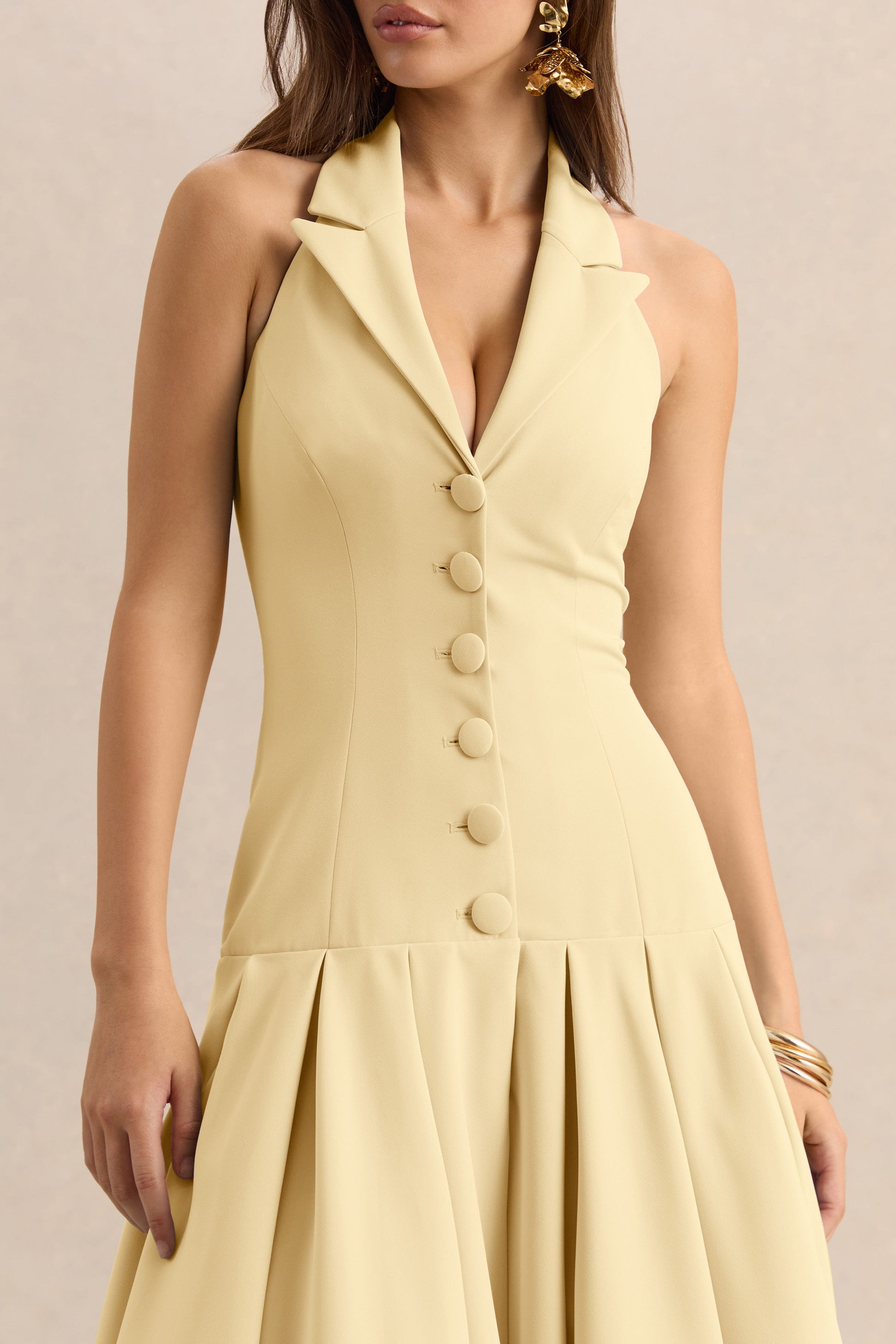 Elise | Lemon Plunge-Neck Midi Dress With Drop-Waist
