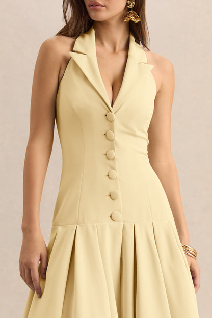 Elise | Lemon Plunge-Neck Midi Dress With Drop-Waist