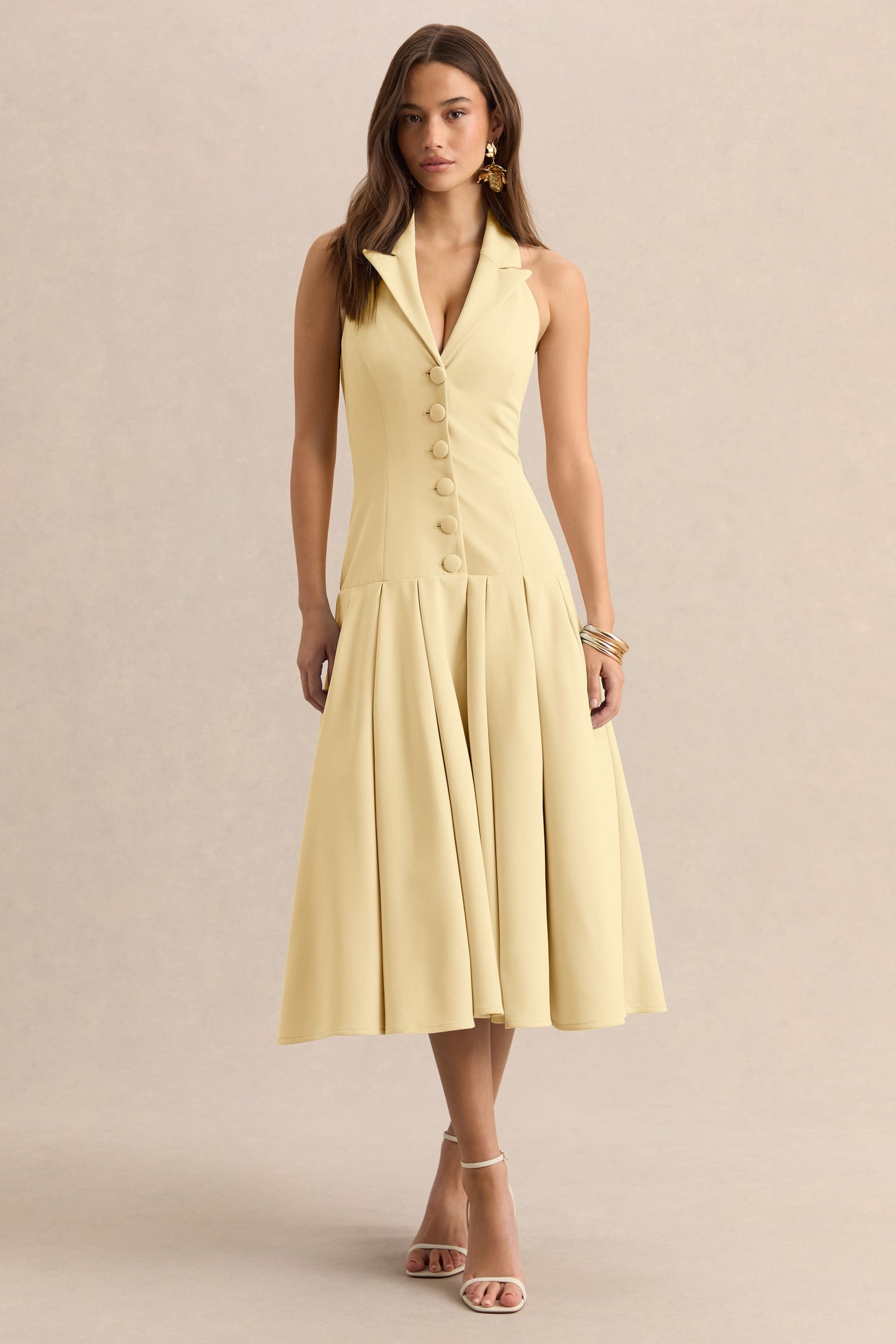 Elise | Lemon Plunge-Neck Midi Dress With Drop-Waist