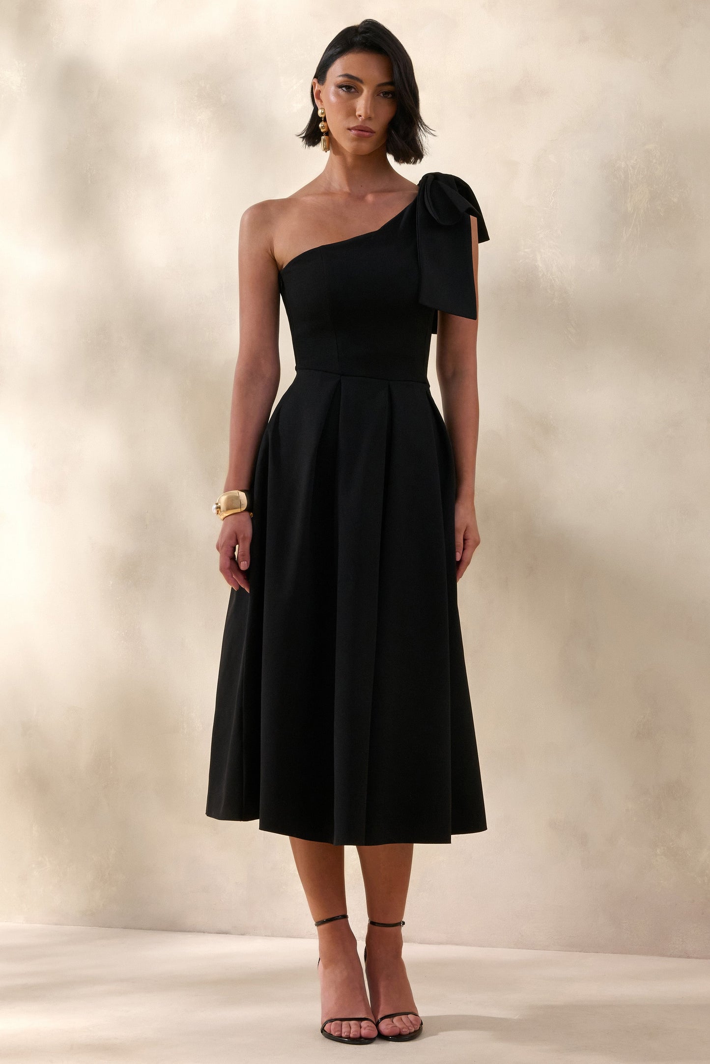 Meria | Black Asymmetric-Neck Midi Dress With Bow-Sleeve
